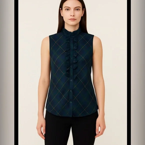Lauren Ralph Lauren Green Plaid Ruffle Sleeveless Blouse Size Small - Picture 4 of 4